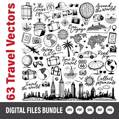 Travel Vector Set adobe adobe illustrator black clipart graphic design illustration quotes travel vacation vintage