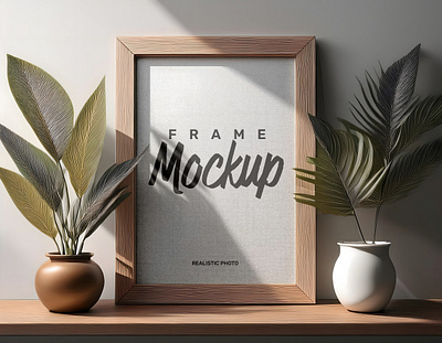 Wooden Frame Mockup on a Shelf with Plants artwork