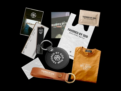 Favored By God: Merch apparel badge branding catalogue geometric graphic design hypebeast illustration keychain line lineart logo merch minimal mockup monogram monoline packaging postcard t shirt