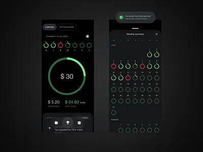 HiAsia — Calendar achievements app black calendar dark data design fintech infographics mobile money monthly payment product design savings spendings summary ui ux wallet