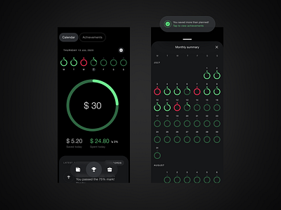 HiAsia — Calendar achievements app black calendar dark data design fintech infographics mobile money monthly payment product design savings spendings summary ui ux wallet