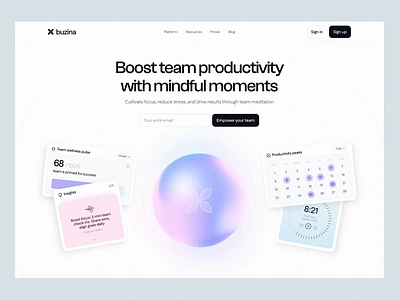 buzina: hero design 3d b2c bento boost design gradient hero landing page meditation mindfulness productivity relax team wellness ui web website