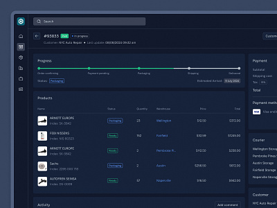 Supply Chain platform - Order Details activity crm dark dark mode order saas shipping supply chain syngri ui ux warehouse web app