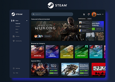 Steam App Redesign desktopapp gaming app gamingapp graphic design steamapp steamredesign ui uiux ux