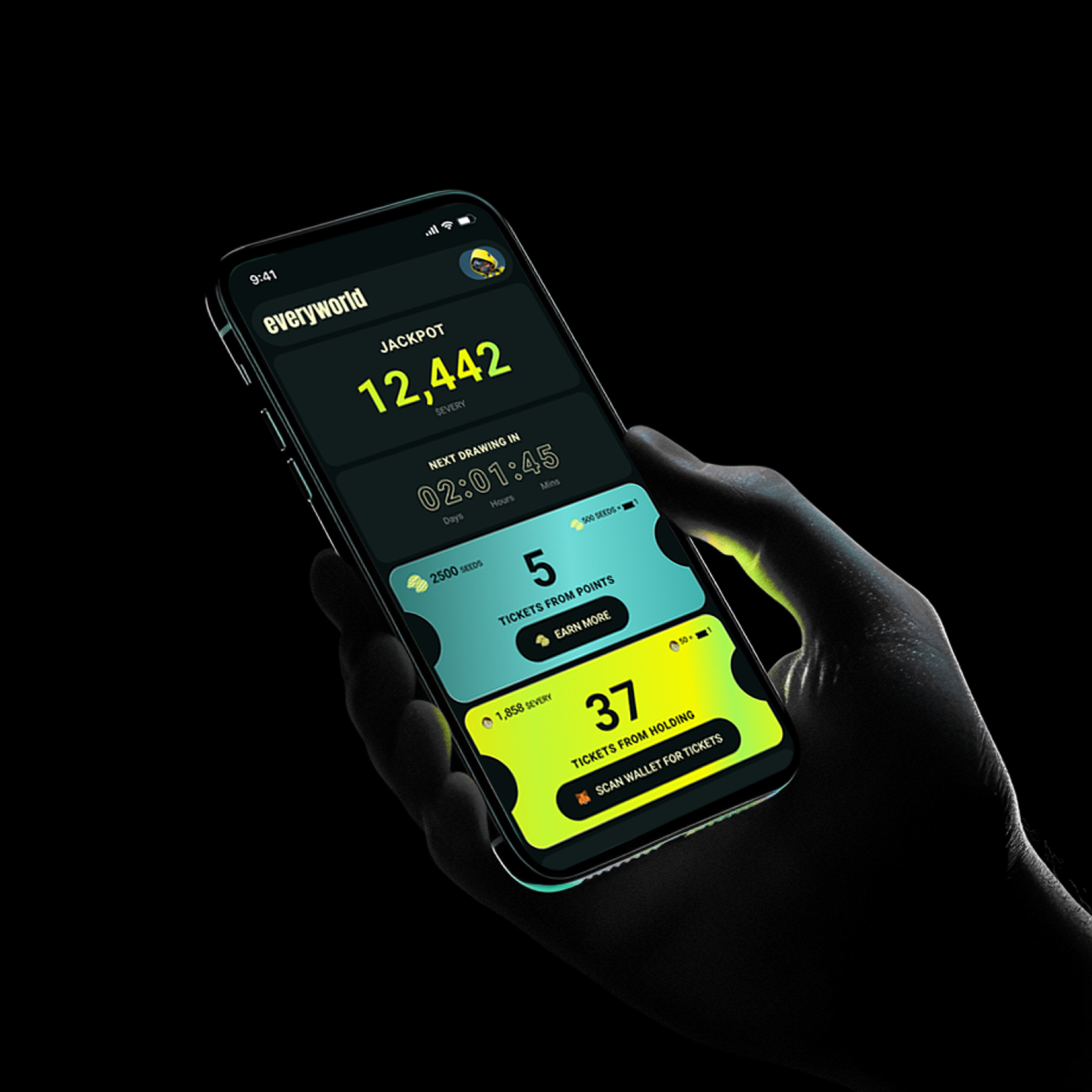Everyworld App Design app black branding crypto dark hand iphone ui yellow