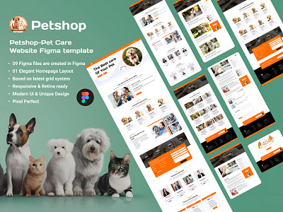 PetShop – Pet Care Website ai ai design card figma figma template graphic design landing page pet care pets shop shopify template trending ui uiux web website website design website template