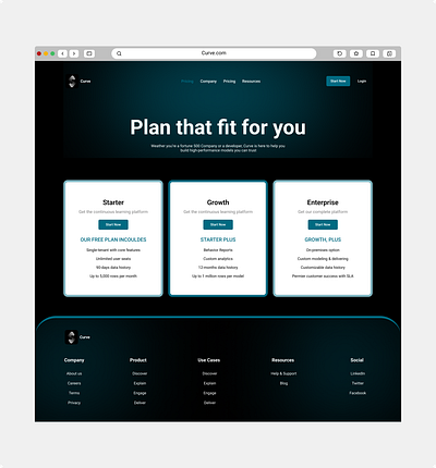 Curve – Pricing Page Design for a SaaS Platform design figma landing page saas saas landing page ui user experience user interface user research ux web web design web development website