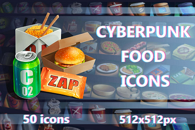 Food Icons for Cyberpunk Game 2d art asset assets cyberpunk design food game game assets gamedev icon icone icons illustration indie indie game rpg set ui