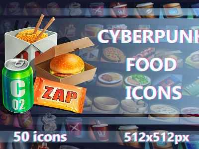 Food Icons for Cyberpunk Game 2d art asset assets cyberpunk design food game game assets gamedev icon icone icons illustration indie indie game rpg set ui