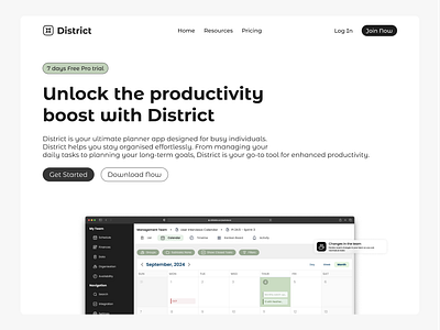 Landing page for planner app 'District' blackwhite landing landing page minimalism planner app planning schedule schedule app ui ui design webpage website