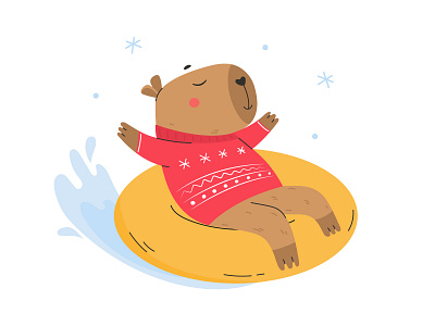 Cute funny capybara snow tubing animal brand character capybara character design graphic design illustration pet print vector winter winter activity