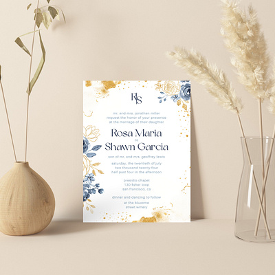 Ivory Shimmery Wedding Invitation: C-Golden Leaf shiny invitation paper