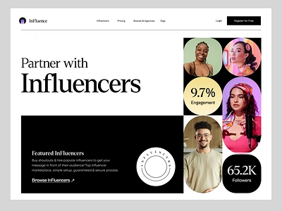 Influencer Marketing Platform Hero brandwatch chingari collabs collabstr grin hire influencer influence.co influencer marketing influencer marketing hub influencity izea landing page sprout social the media ant traackr ui ux web design website design youtube brandconnect