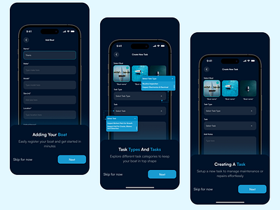 The Perfect Boat boat boating experience branding mobile app mobile app ui onboarding screens product designer ui user experience user interface ux walkrthrough walkthrough screens walkthrough ui walkthrough ux