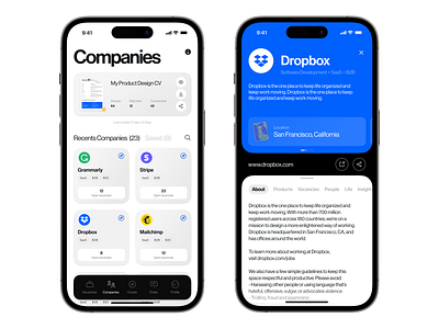 company details app bottom bar cards company interaction ios iphone links location mockup tabs ui vacancy