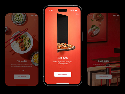 Food Ordering App animation book a table daily dark mode delivery download food food ordering get started inspiration interface mobile app modern red take away ui user expirience ux