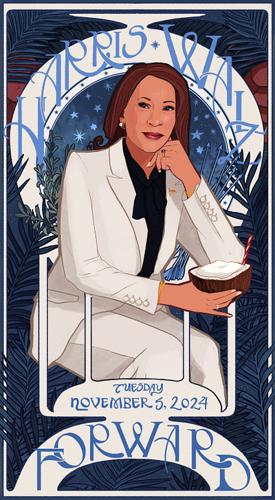 Forward digitalillustration handlettering harriswalz2024 illustration kamalaharris portrait poster