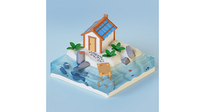 An island with a house. 3d blender graphic design house