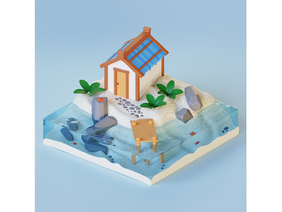 An island with a house. 3d blender graphic design house