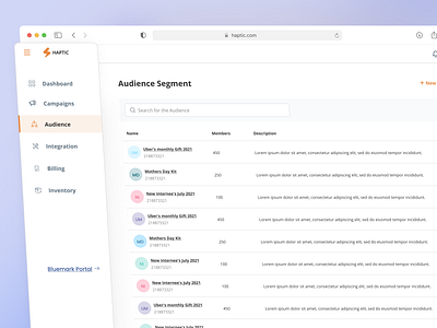 Audience Segment list UI audience list campaign clean dashboard list view navigation saas saas dashboard saas ui search sidebar table table ui tabs ui