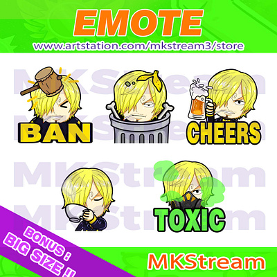 Emotes One Piece Sanji ban, trash, cheers, sip & toxic pack animated emotes anime ban hammer cheers chibi cute design emote emotes illustration one piece one piece emotes pirates sanji sanji emotes sip emotes sub badge toxic trash twitch emotes