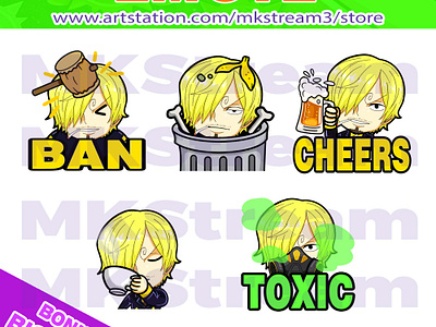 Emotes One Piece Sanji ban, trash, cheers, sip & toxic pack animated emotes anime ban hammer cheers chibi cute design emote emotes illustration one piece one piece emotes pirates sanji sanji emotes sip emotes sub badge toxic trash twitch emotes