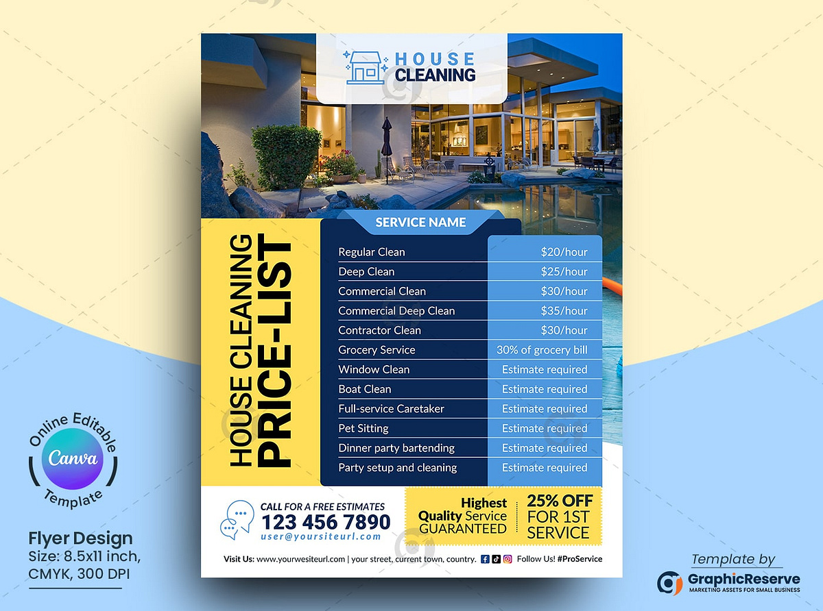 House Cleaning PriceList Flyer Template Canva by Graphic Reserve on