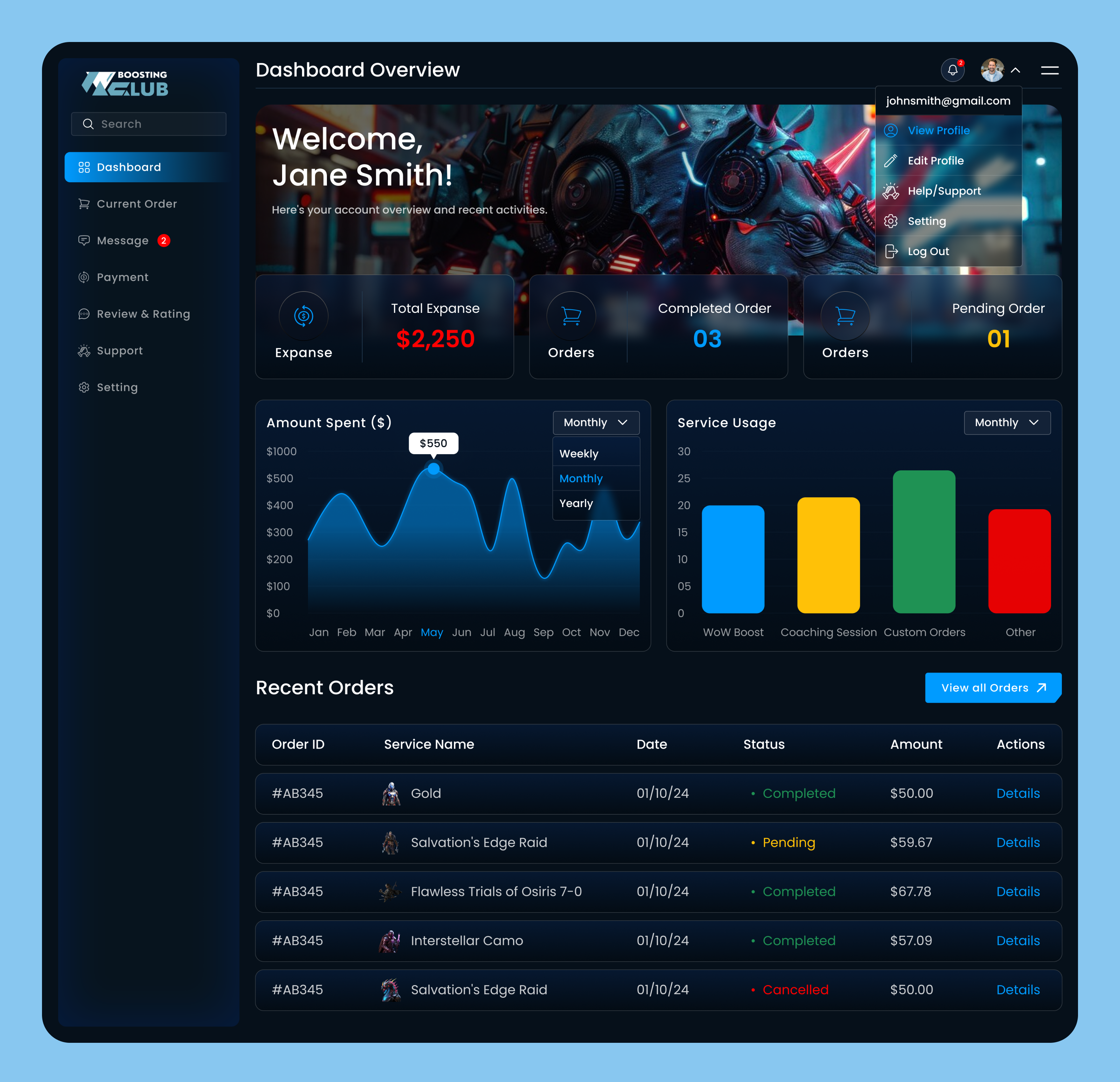 Customer Dashboard for Gaming Website black customer dashboard dark dashboard dark mood dashboard dashboard design game game purchase gaming website ui uiux web app website