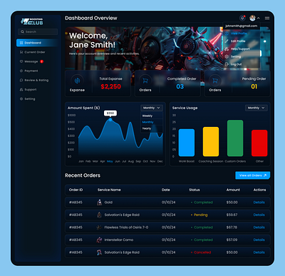 Customer Dashboard for Gaming Website black customer dashboard dark dashboard dark mood dashboard dashboard design game game purchase gaming website ui uiux web app website