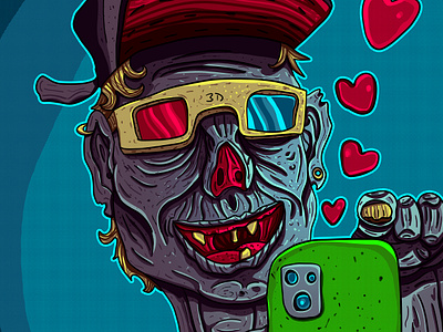 THE MODERN ZOMBIE 3d glasses cellphone colorful digital illustration funny graphic design illustration like poster design social media t shirt design zombie