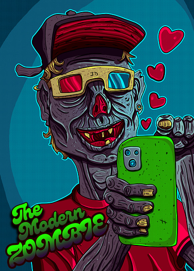 THE MODERN ZOMBIE 3d glasses cellphone colorful digital illustration funny graphic design illustration like poster design social media t shirt design zombie