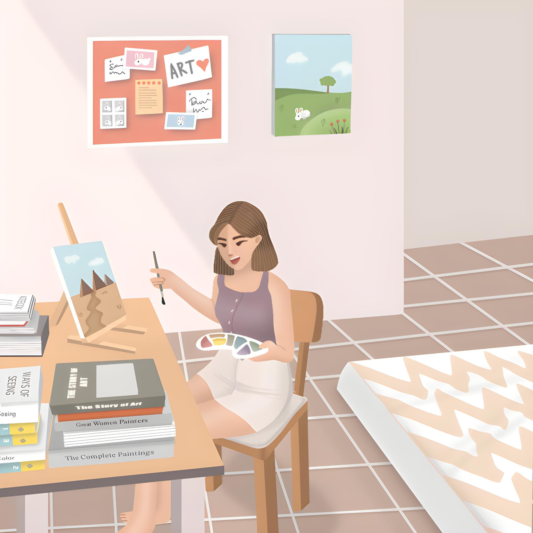 Art is the only way to run away without leaving home🏠 animation art bed bedroom book branding canvas chair digital art digital print girl graphic design home house illustration procreate room sticker table woman