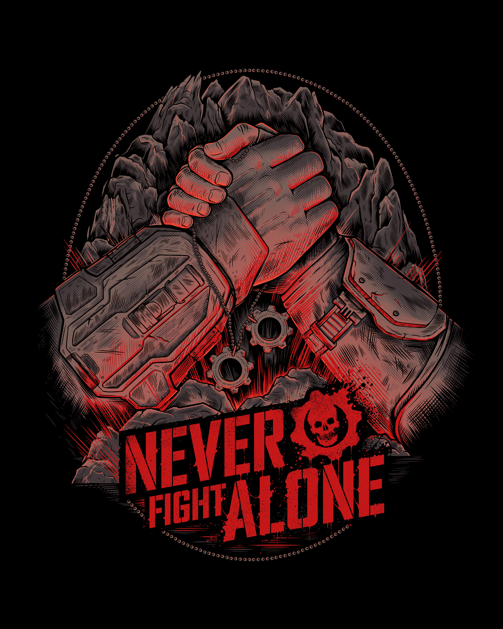 Never Fight Alone art design drawing gaming gears gears of war illustration merch xbox