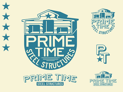 Prime Time Construction Branding badge beige blue brand identity branding design garage hard hat illustration logo logotype metalsmith modern north carolina patch retro stars steel structure vintage worker