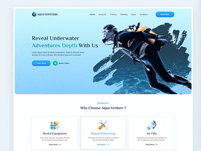 Aqua Venture - Scuba Diving Landing Page Design booking dailyui diving eco system figma landing page marine scuba scuba diving swimming tourism ui design uiux underwater user experience web design