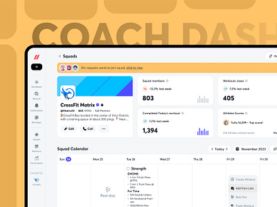 Squad Dashboard - Coach's View UI coach crossfit dashboard design insights manage memebers metrics performance squads ui ux web wod workouts