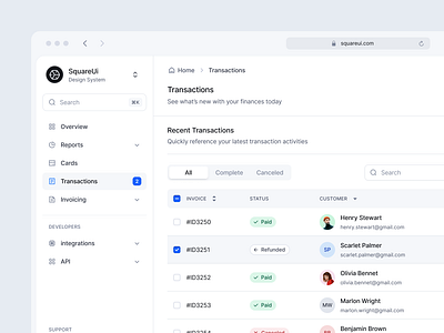 Transactions Dashboard - SquareUi Design System dashboard design system figma product design table transactions ui ux