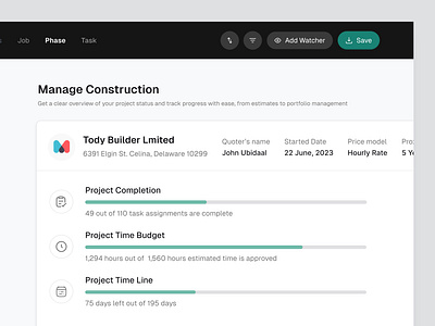 Project Progress - Construction Management SaaS Web App construction construction management dashboard productivity progress project management saas task management ui ux webapp