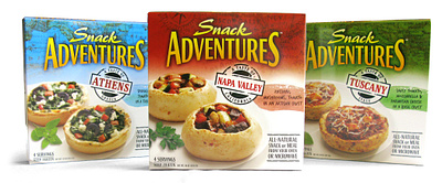 Snack Adventures Frozen Appetizers appetizer branding cpg frozen graphic design logo packaged goods packaging pizza refrigerated snack