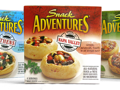 Snack Adventures Frozen Appetizers appetizer branding cpg frozen graphic design logo packaged goods packaging pizza refrigerated snack