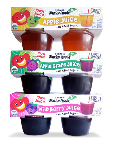 Wacky Apple Fruit Juice Packaging apple apple juice beverage branding children cpg cups drink fruit grape graphic design kids package design packaging