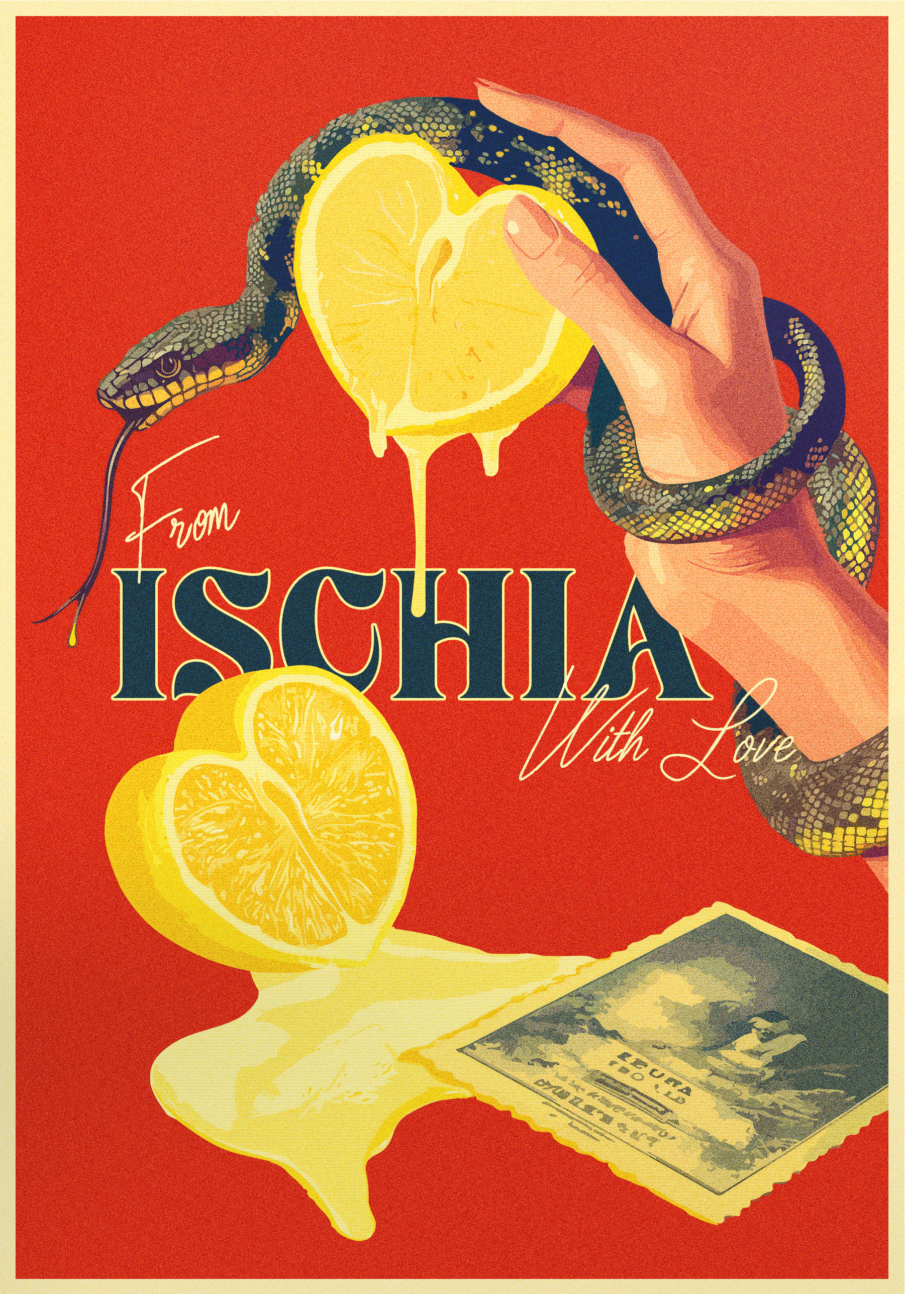 From Ischia With Love cinema color halftone cursive font design film film poster fruit graphic design illustration ischia island italian poster design retro retro futuristic snake surreal travel poster typography vintage
