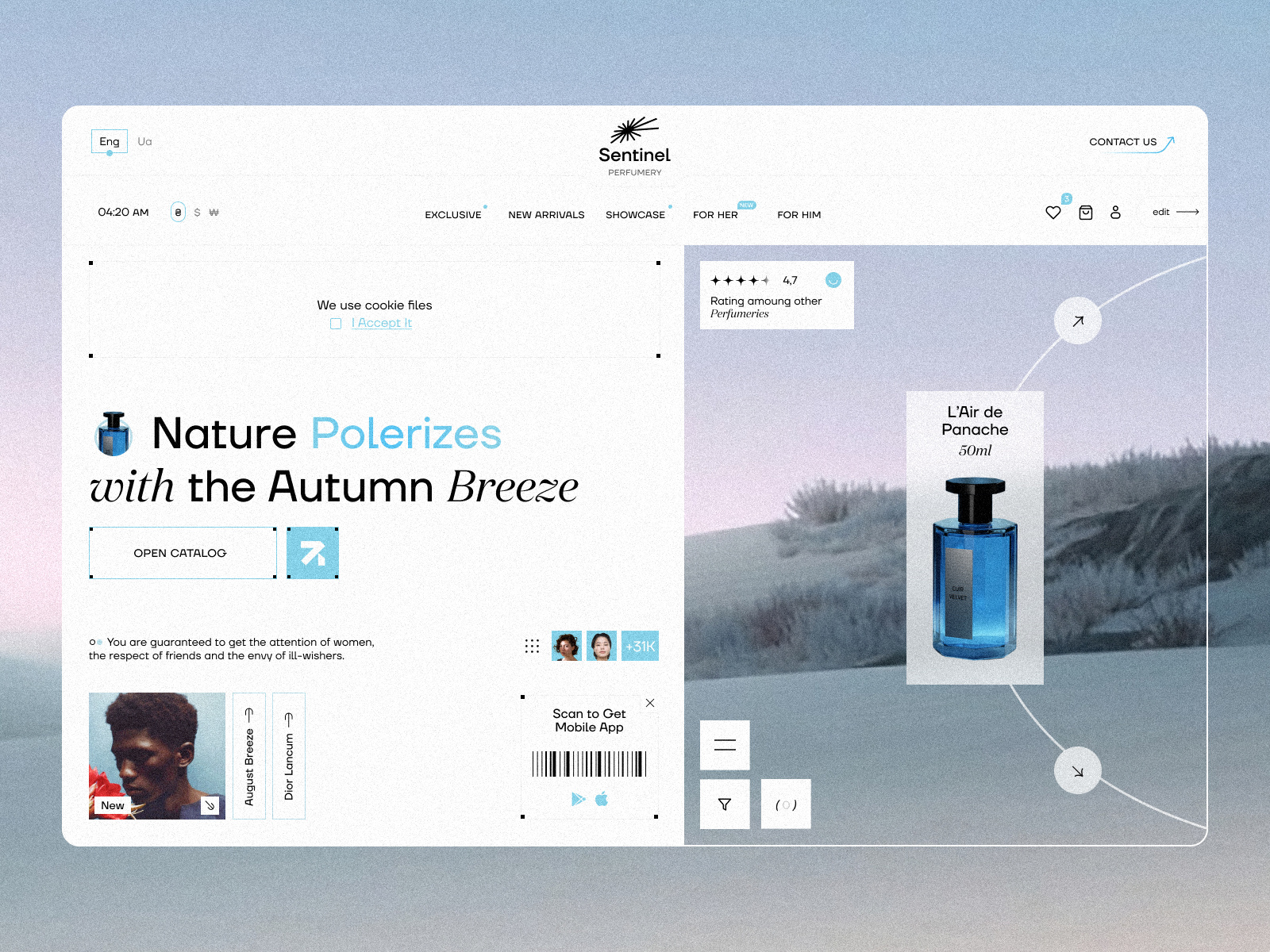 the perfume shop \ sentinel 2024 blue clean ecommerce home page landing page minimalistic perfume product shop shopify website ui ux web design white