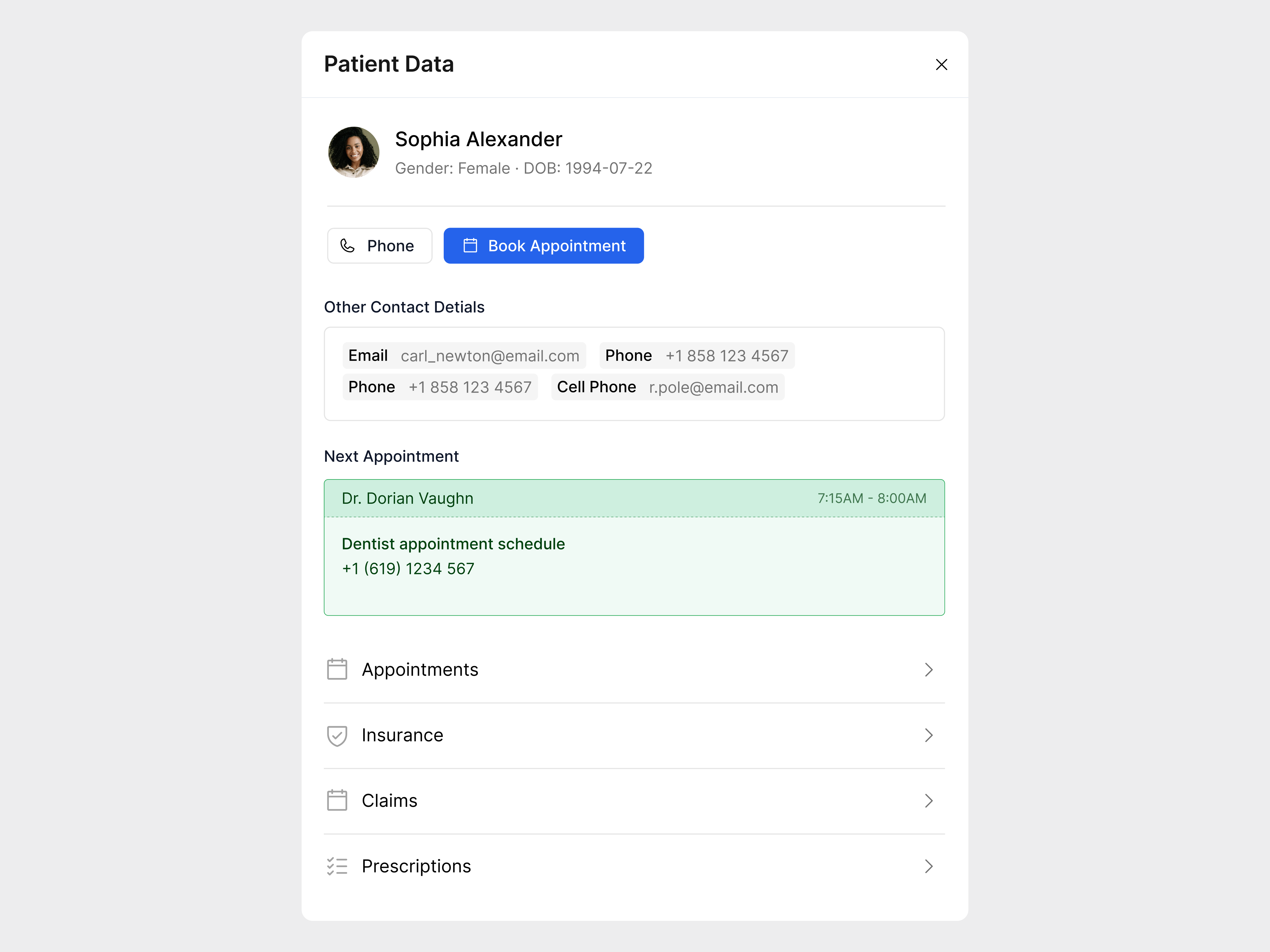 Patient Data Card app b2b clean component contact desktop ehr emr healthcare interaction medical modal modern patient product design saas software ui ux web app