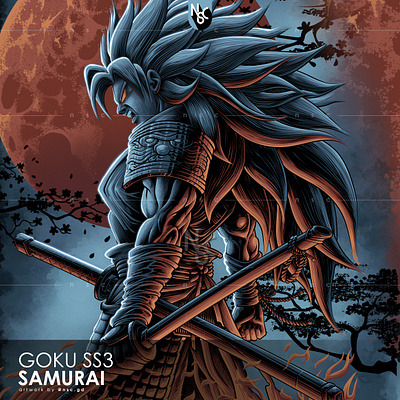 GOKU SS3 SAMURAI anime apparel character clothing clothing brand dragonball dragonball z fanart full moon goku illustration japanese katana manga nft poster design samurai super saiyan sword warrior