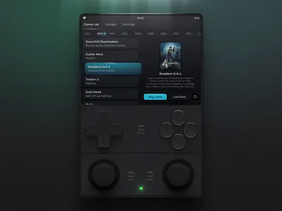 Explorations Hardware and UI for Handheld Console analog console console game dark game game design game list game pad game ui handheld hardware lighting list menu stick vibrant