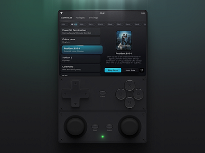 Explorations Hardware and UI for Handheld Console analog console console game dark game game design game list game pad game ui handheld hardware lighting list menu stick vibrant