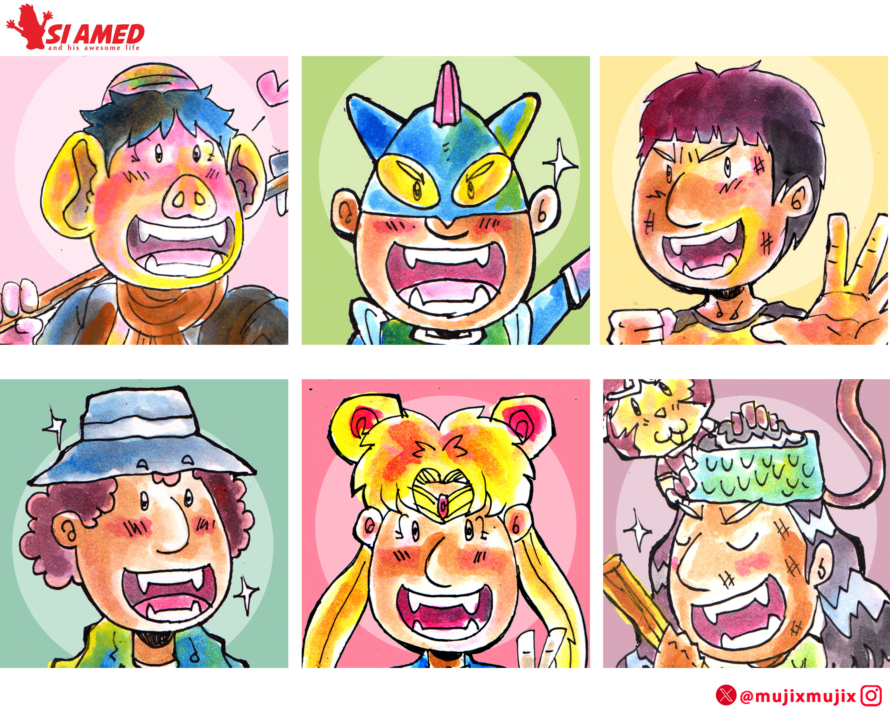 Six Fan Art Characters by Si Amed artwork character characterdesign fanart graphic design illustration manga mujix watercolor