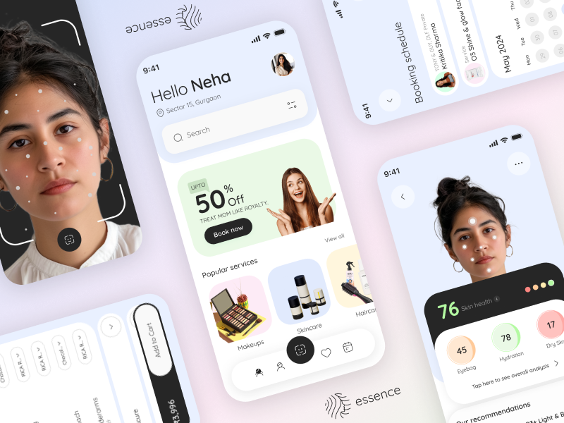 Essence Beauty Service App Case Study aiskincare appbranding beauty beautyappdesign beautytech bento branding designinspiration designperfection designtrends glam selfcare skinanalysis skincareapp skinhealth typographygoals uiuxdesign uxdesigners