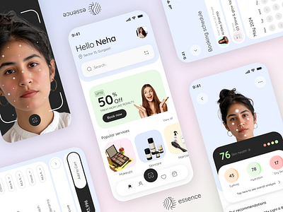 Essence Beauty Service App Case Study aiskincare appbranding beauty beautyappdesign beautytech bento branding designinspiration designperfection designtrends glam selfcare skinanalysis skincareapp skinhealth typographygoals uiuxdesign uxdesigners